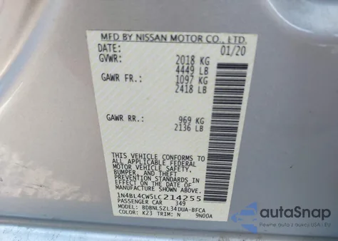 2020 Nissan Altima Sr Intelligent Awd z USA, uszkodzony, nr VIN 1N4BL4CW5LC214255